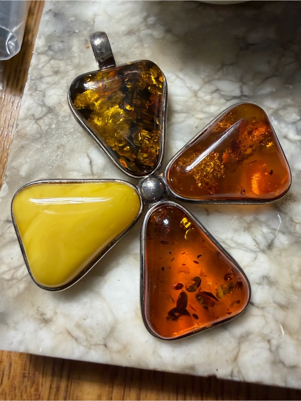 Amber Pendant 4 Types in a Cross or 4 Leaf Clover Style, Set in Sterling